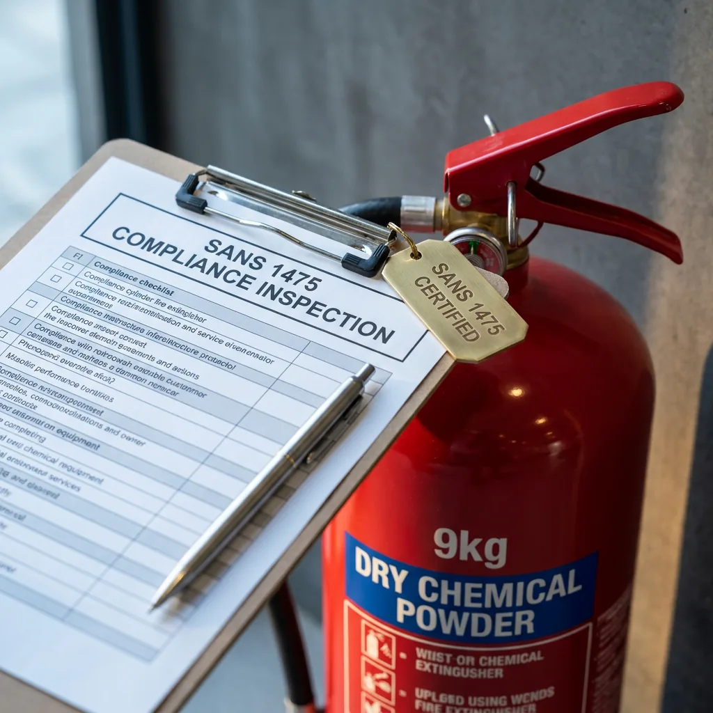 Fire equipment compliance inspection clipboard resting on a 9kg DCP extinguisher with a fresh service tag.