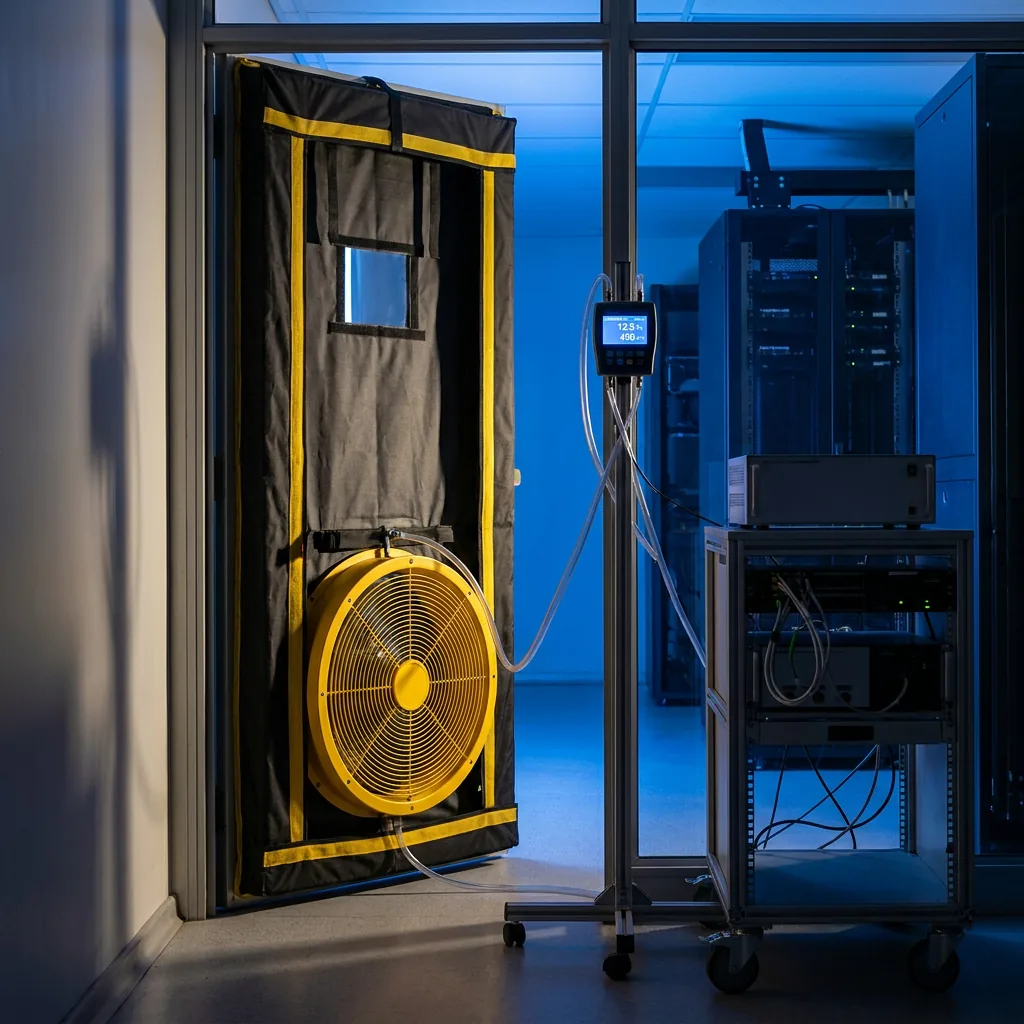Calibrated door-fan integrity test rig fitted in a server room doorway, manometer and pressure tubing alongside.