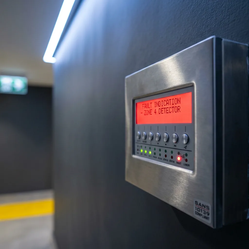 Commercial fire alarm control panel showing a Zone 4 detector fault on the LCD display.