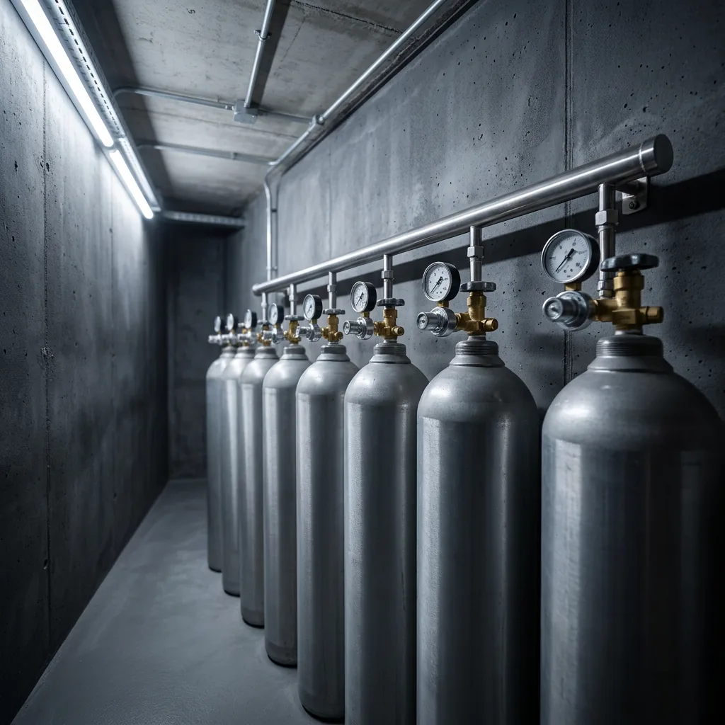 Clean-agent fire suppression cylinder bank with stainless manifold in a dedicated cylinder room.