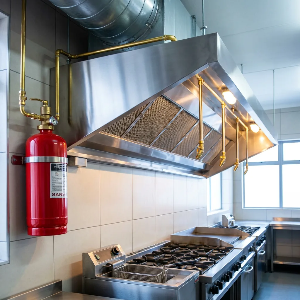 Stainless commercial kitchen hood with red wet-chemical fire suppression cylinder serviced by C4.