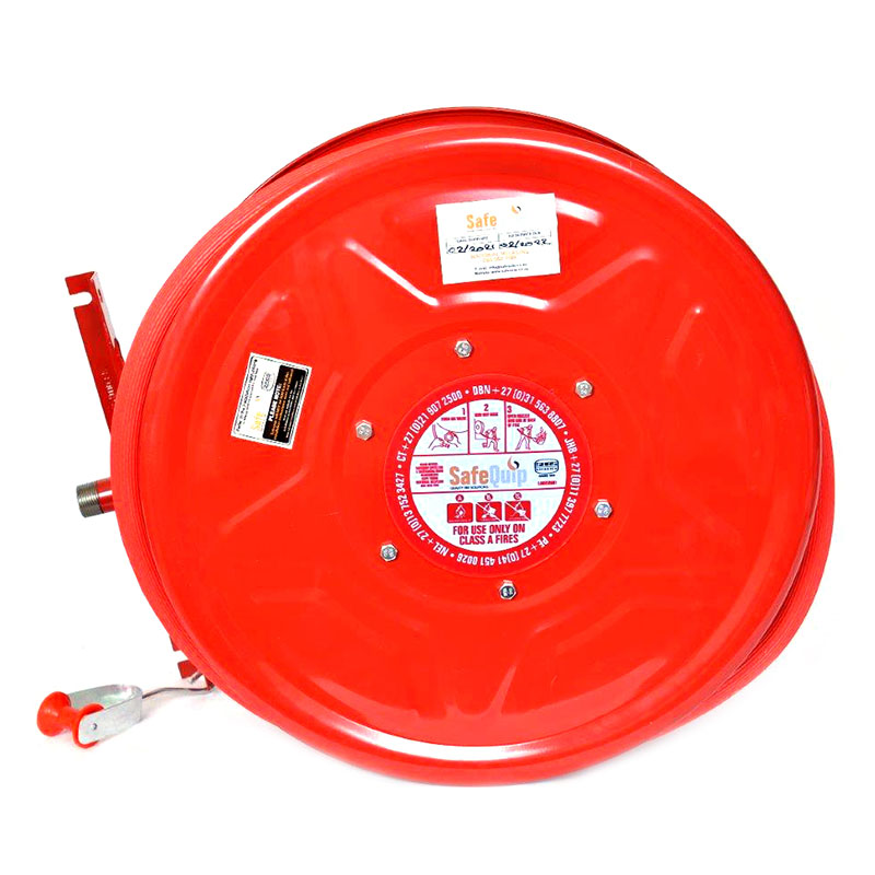 Fixed-type commercial fire hose reel with SafeQuip service label. Product image courtesy of SafeQuip.