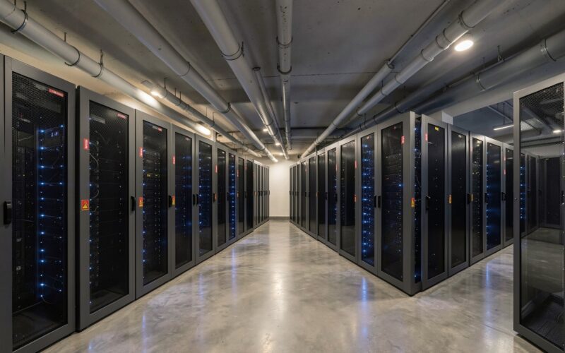 Modern data centre interior with aspirating smoke detection pipe network running along the ceiling above server racks