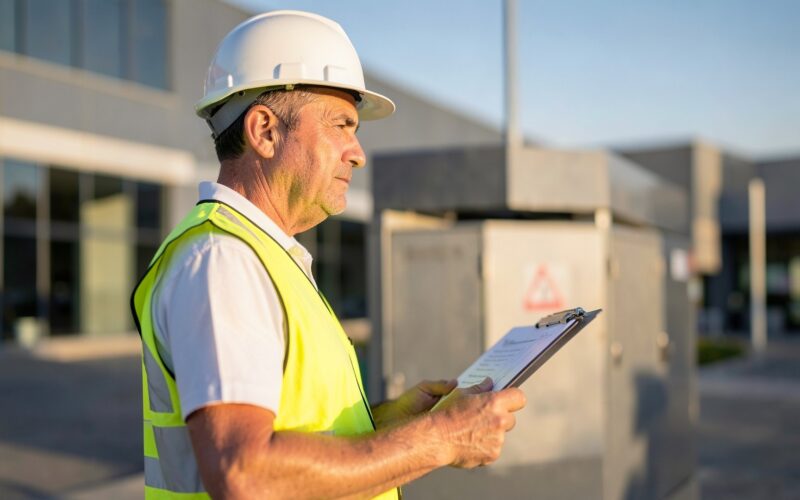 Professional commercial fire compliance auditor in hi-vis vest and hard hat reviewing inspection clipboard outside a modern industrial building