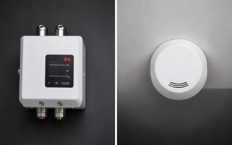 Side-by-side comparison of an aspirating smoke detection unit and a conventional ceiling-mounted point smoke detector