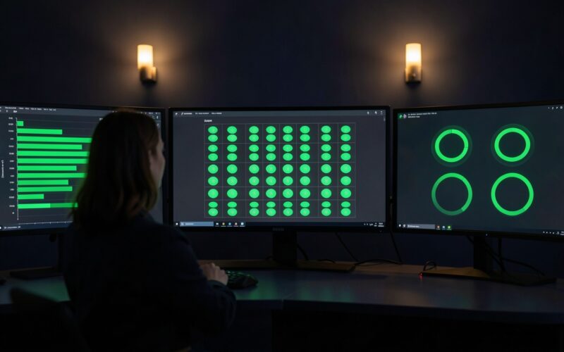 Fire alarm monitoring control room at night with an operator at three widescreen monitors showing zone status grids