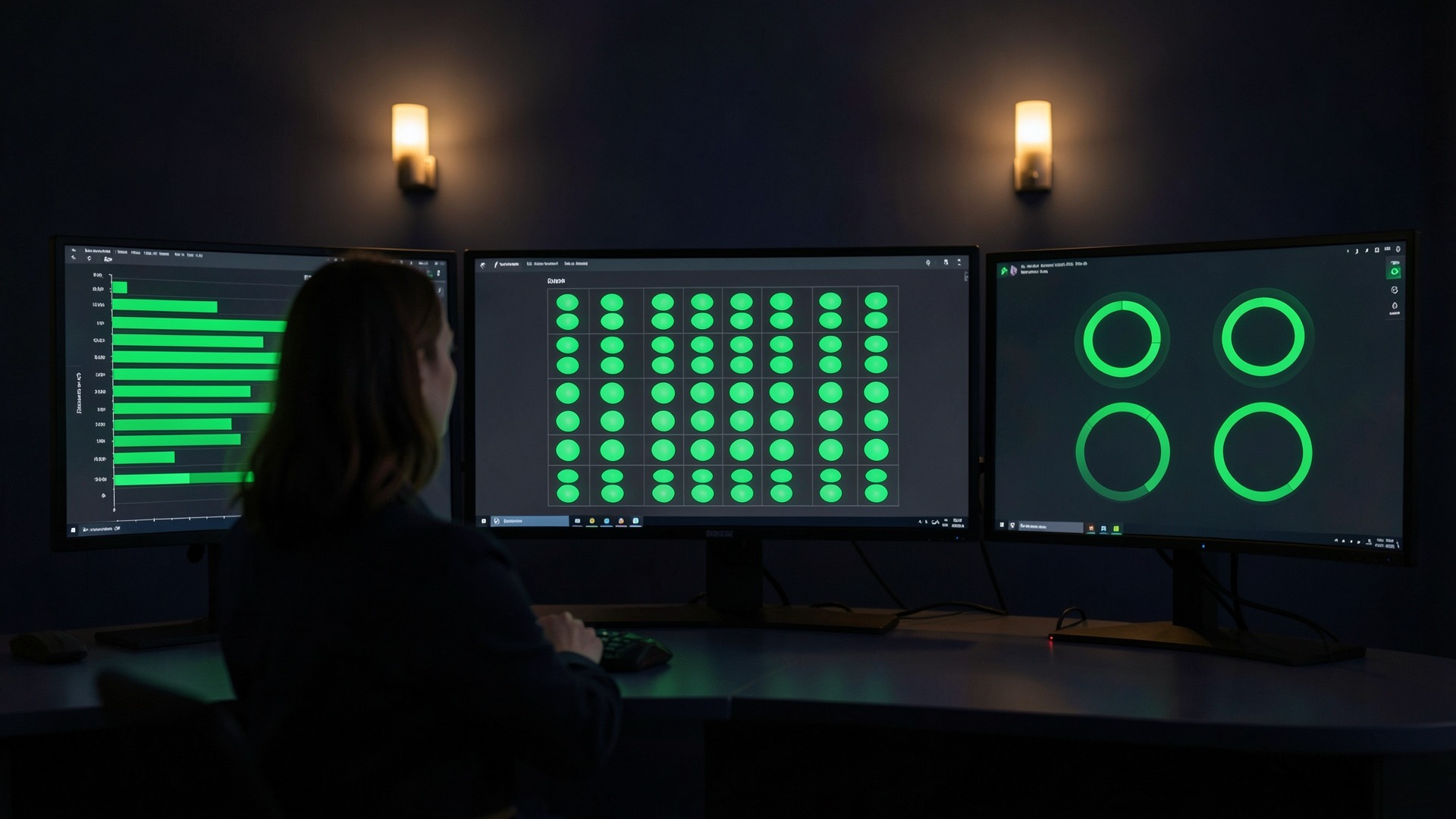 Fire alarm monitoring control room at night with an operator at three widescreen monitors showing zone status grids