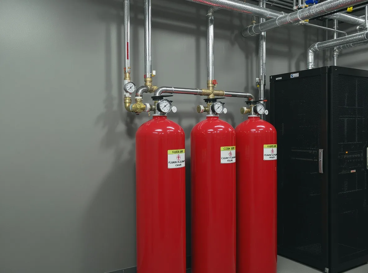 Clean agent gas suppression cylinder bank in a Cape Town server room, with discharge pipework running to nozzles above the equipment racks