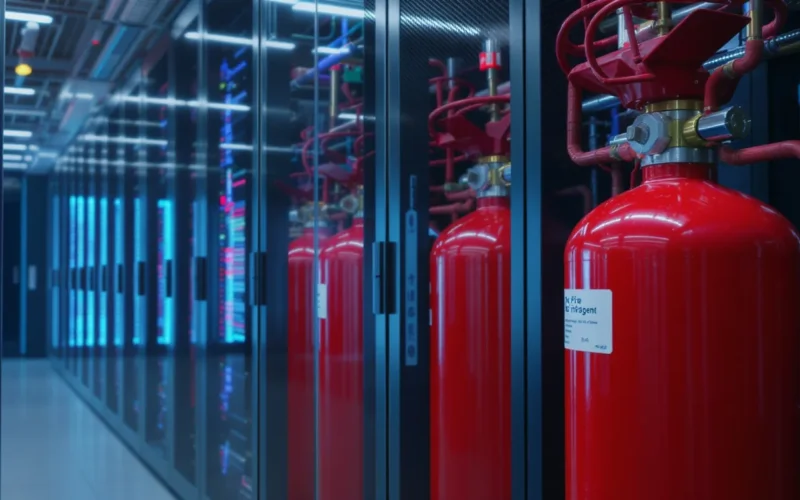 Clean-agent gas suppression cylinders protecting a server room, installed by C4 Fire and Security in the Western Cape