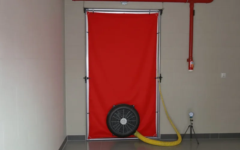 Blower door fan sealed into a doorway with a red fabric panel and a hose running to a digital manometer, the rig used for a gas suppression room integrity test