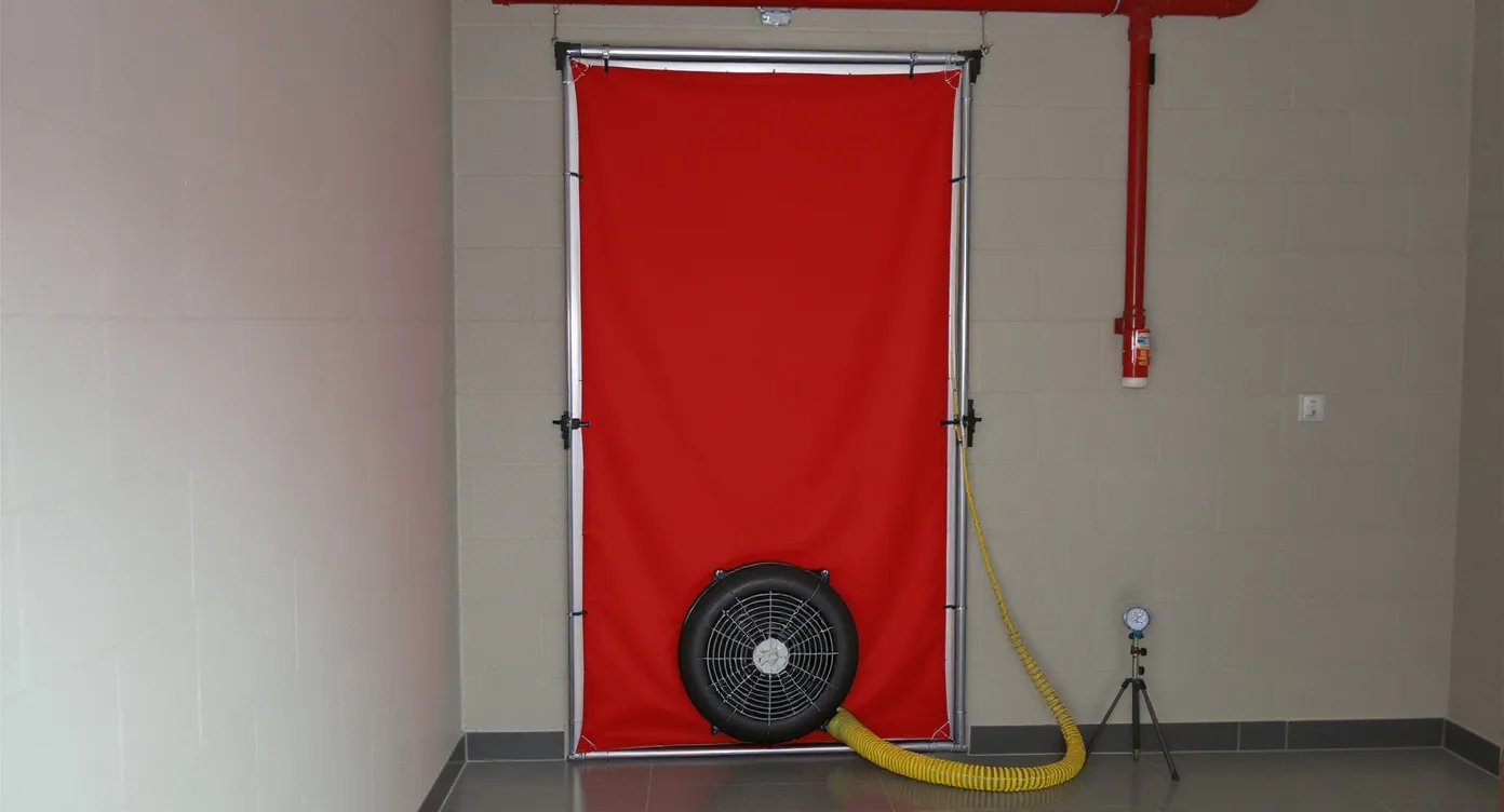 Blower door fan sealed into a doorway with a red fabric panel and a hose running to a digital manometer, the rig used for a gas suppression room integrity test