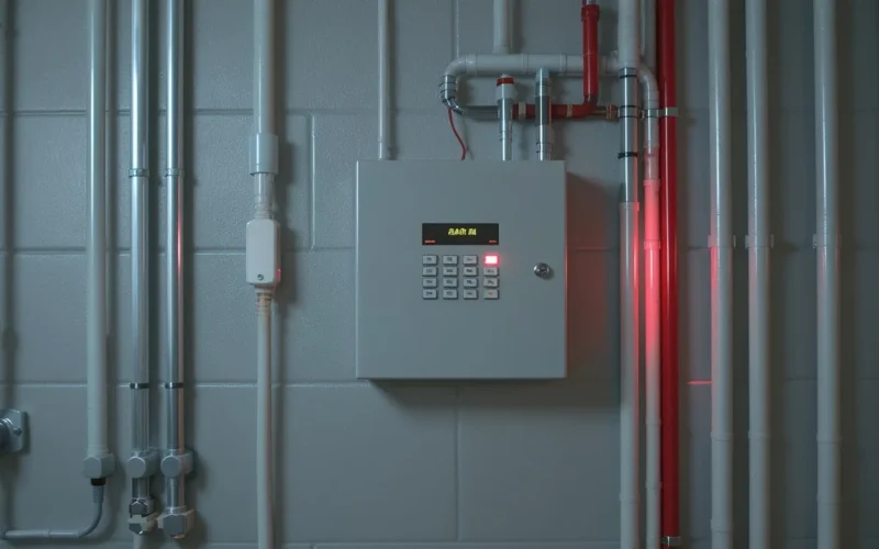 Clean commercial plant room with an addressable fire detection panel, monitored by C4 Fire and Security in the Western Cape