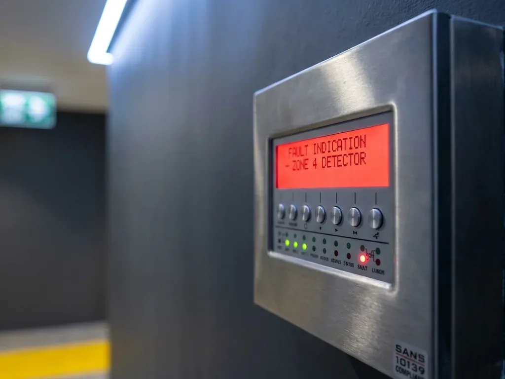 Stainless steel fire alarm control panel showing a fault indication on zone 4, with a SANS 10139 compliant plate and an illuminated exit sign behind it