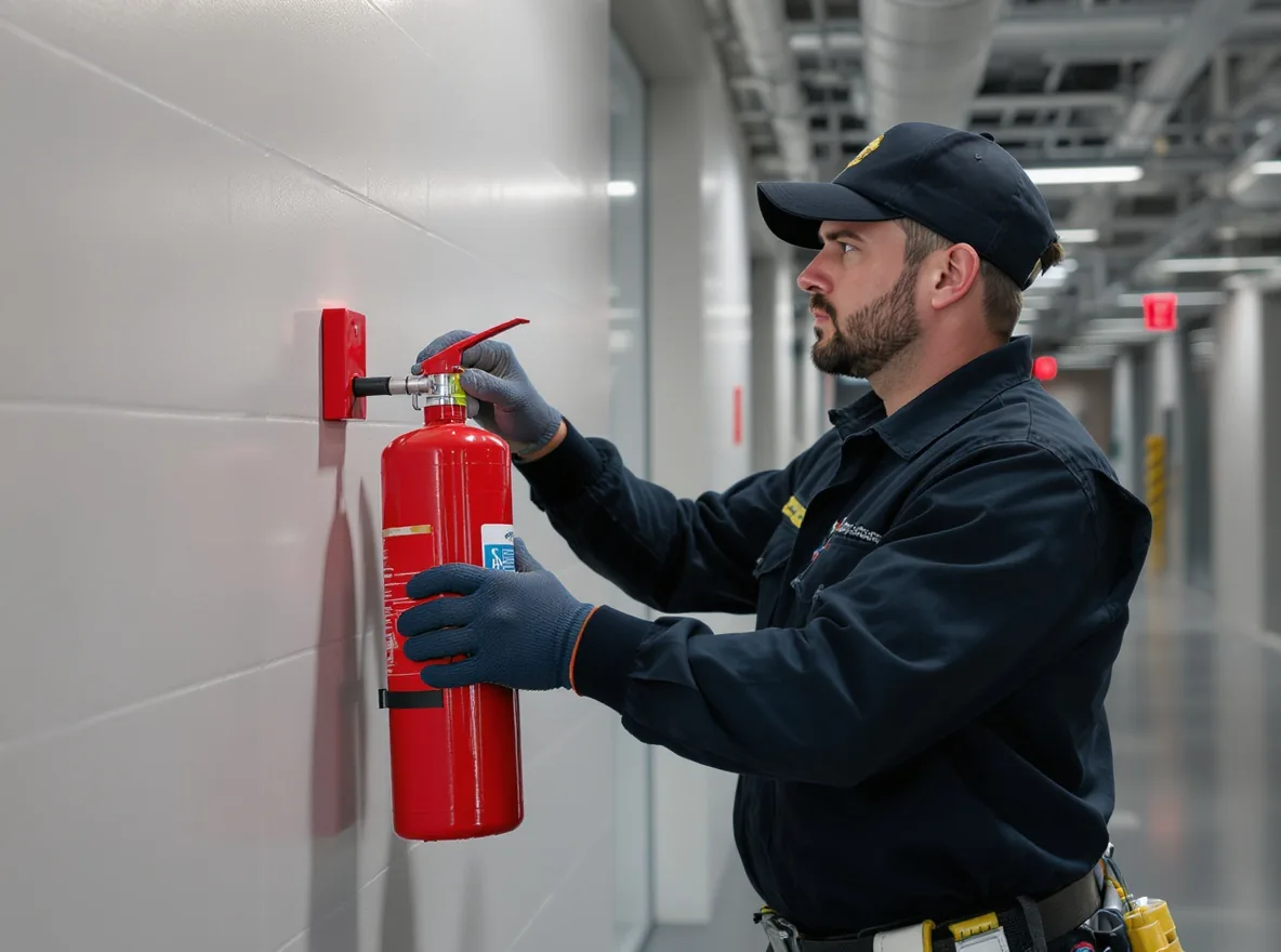 A C4 Fire and Security technician servicing a commercial fire extinguisher before winter in the Western Cape