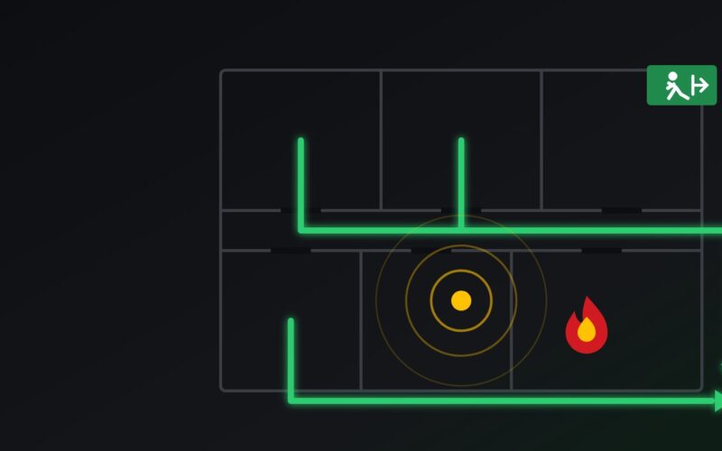Fire evacuation plan illustration: escape routes, an alarm sounder and an exit