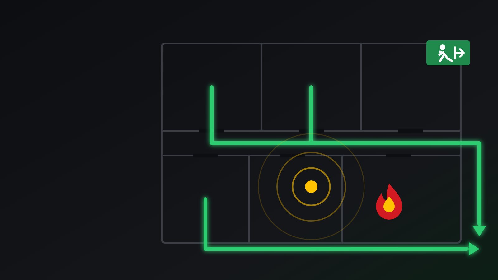 Fire evacuation plan illustration: escape routes, an alarm sounder and an exit