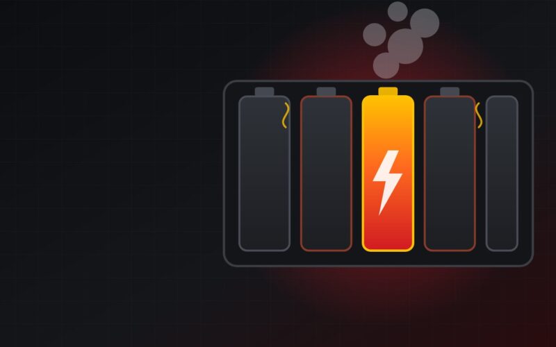Lithium battery fire illustration: one cell in thermal runaway venting gas inside a battery pack