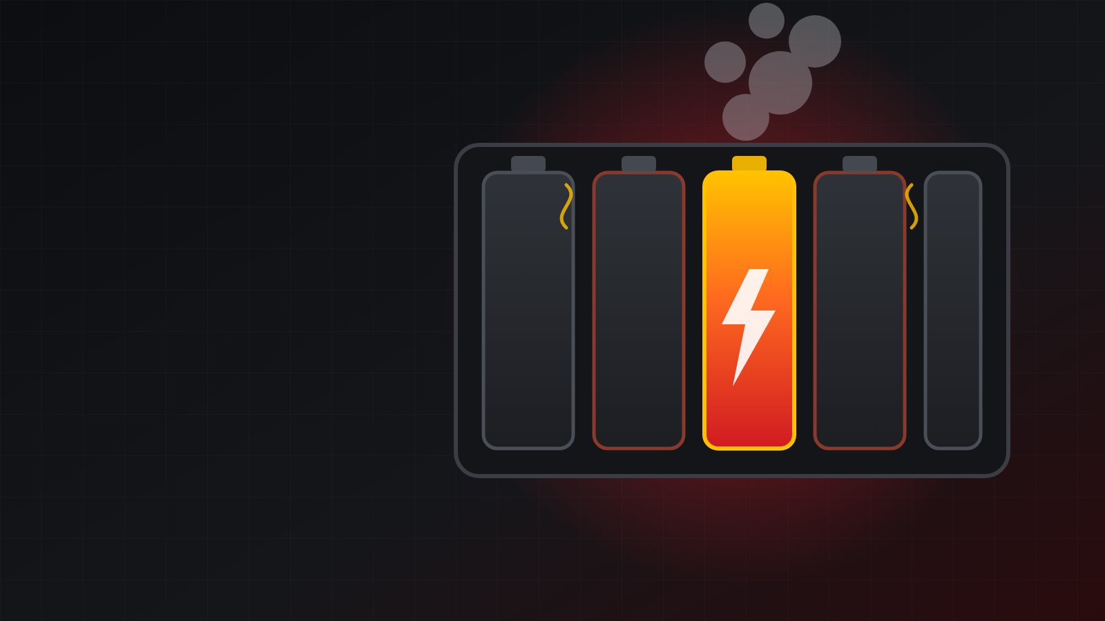 Lithium battery fire illustration: one cell in thermal runaway venting gas inside a battery pack